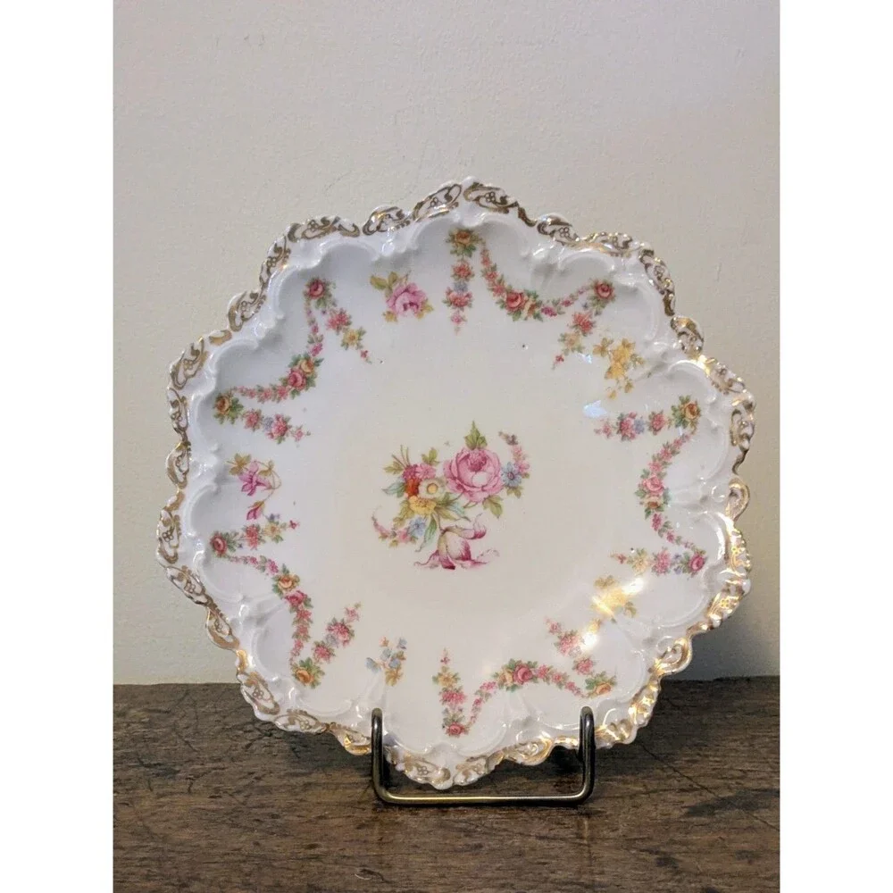 Antique M Z Austria L S S Carlsbad Scalloped Salad Plate Pink Rose Swags 8